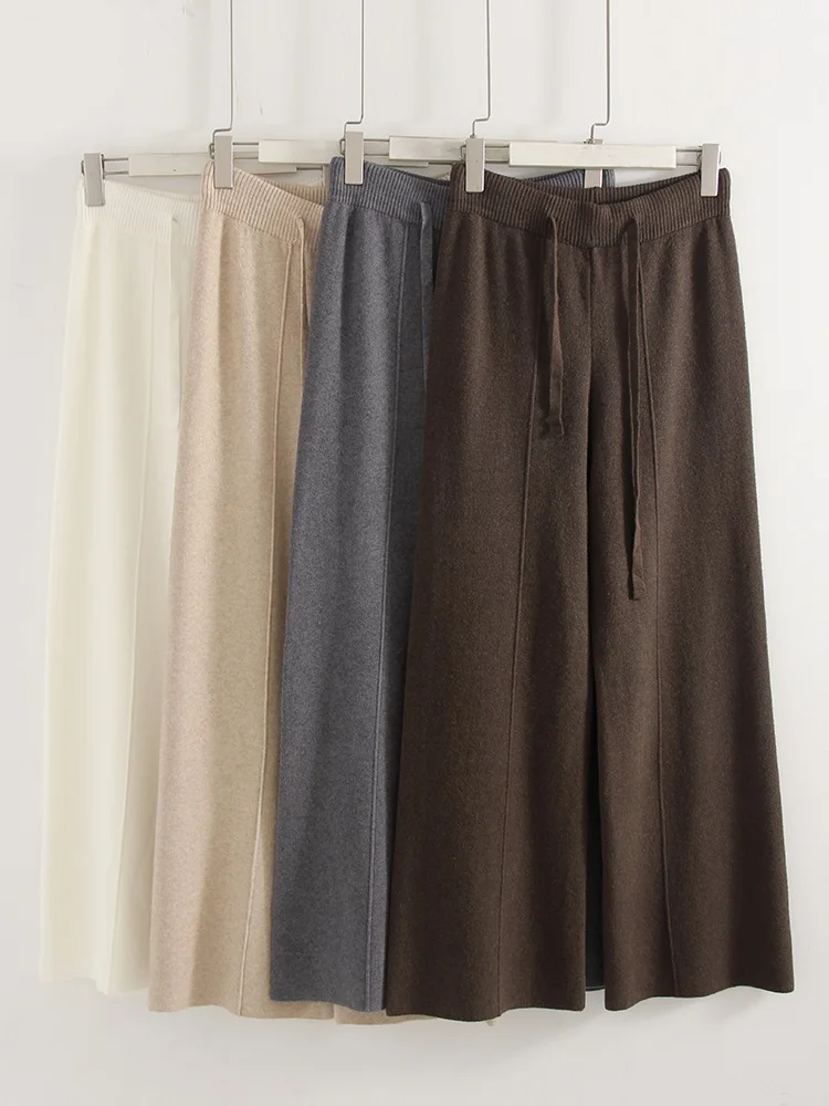 Streamgirl Brown Knitted Pants For Women Winter Spring High Waist White Straight Knitted Trousers Tall Women's Pants Wide Leg