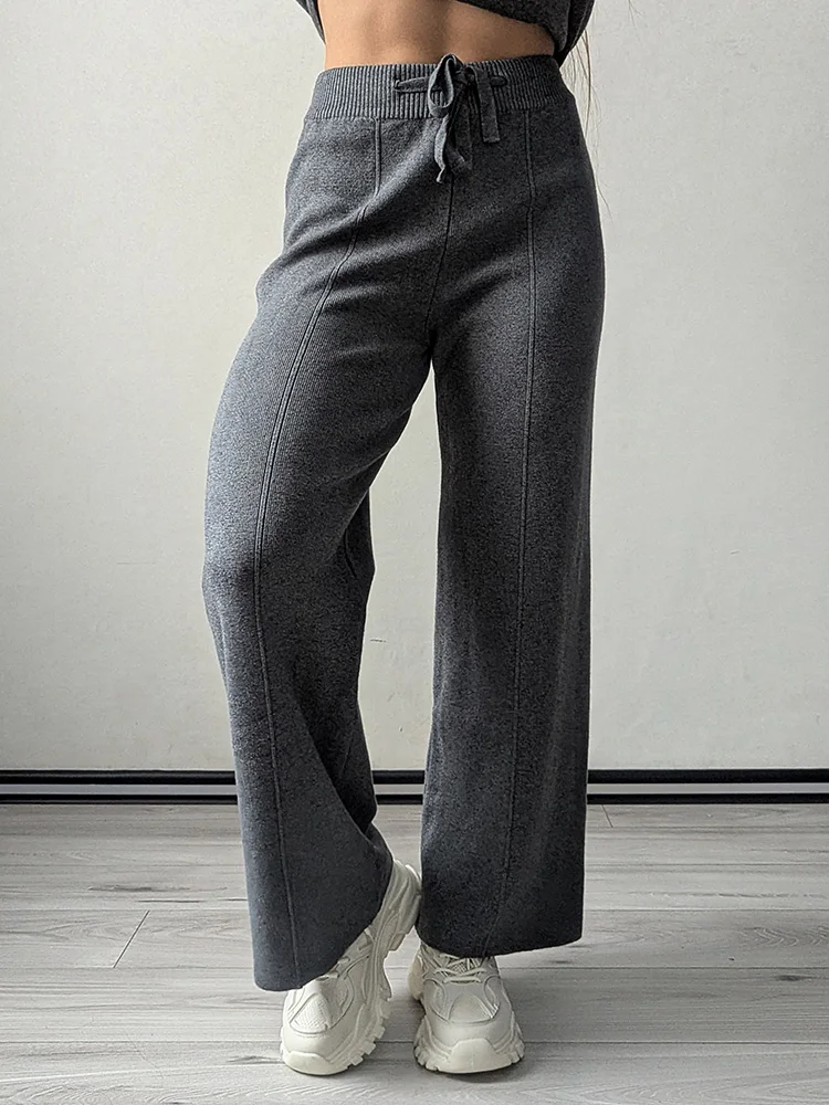 Streamgirl Brown Knitted Pants For Women Winter Spring High Waist White Straight Knitted Trousers Tall Women's Pants Wide Leg
