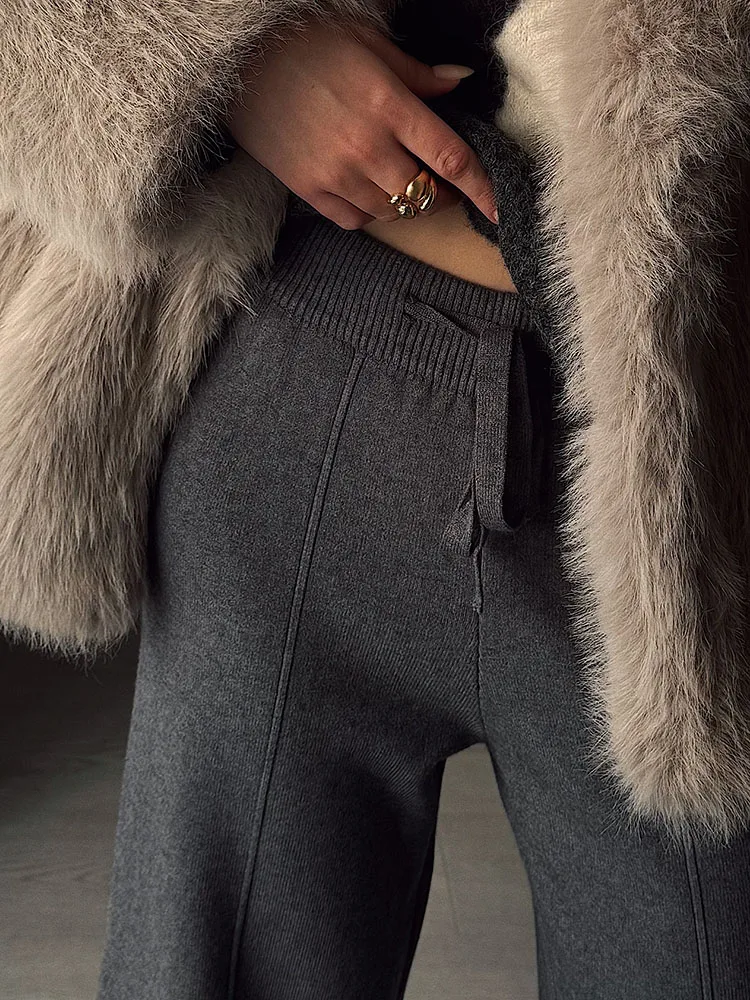 Streamgirl Brown Knitted Pants For Women Winter Spring High Waist White Straight Knitted Trousers Tall Women's Pants Wide Leg