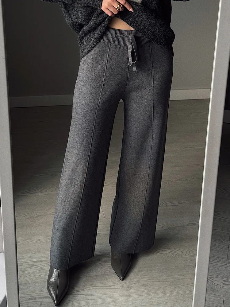Streamgirl Brown Knitted Pants For Women Winter Spring High Waist White Straight Knitted Trousers Tall Women's Pants Wide Leg