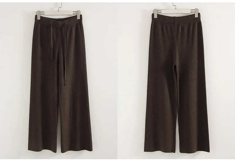 Streamgirl Brown Knitted Pants For Women Winter Spring High Waist White Straight Knitted Trousers Tall Women's Pants Wide Leg