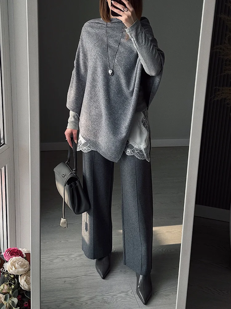 Streamgirl Brown Knitted Pants For Women Winter Spring High Waist White Straight Knitted Trousers Tall Women's Pants Wide Leg
