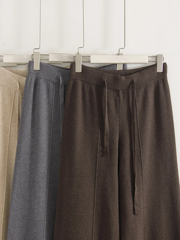 Streamgirl Brown Knitted Pants For Women Winter Spring High Waist White Straight Knitted Trousers Tall Women's Pants Wide Leg