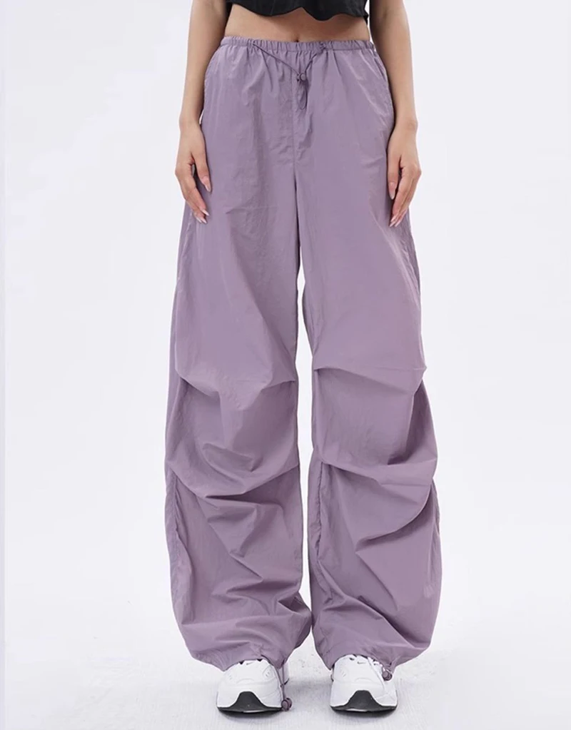 Cargo Pants Women Purplu Pleated Loose High Waist Hip-Hop Street Trousers Fashion Harajuku Y2K Solid Drawstring Wide Leg Pants