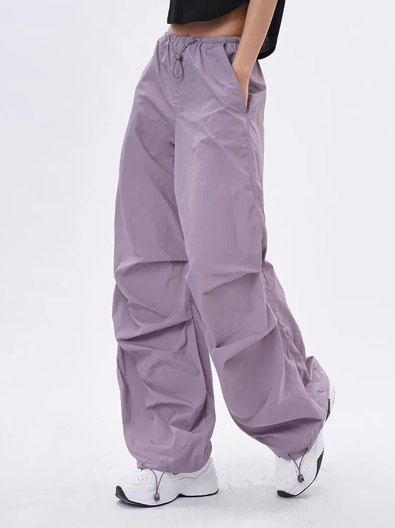 Cargo Pants Women Purplu Pleated Loose High Waist Hip-Hop Street Trousers Fashion Harajuku Y2K Solid Drawstring Wide Leg Pants