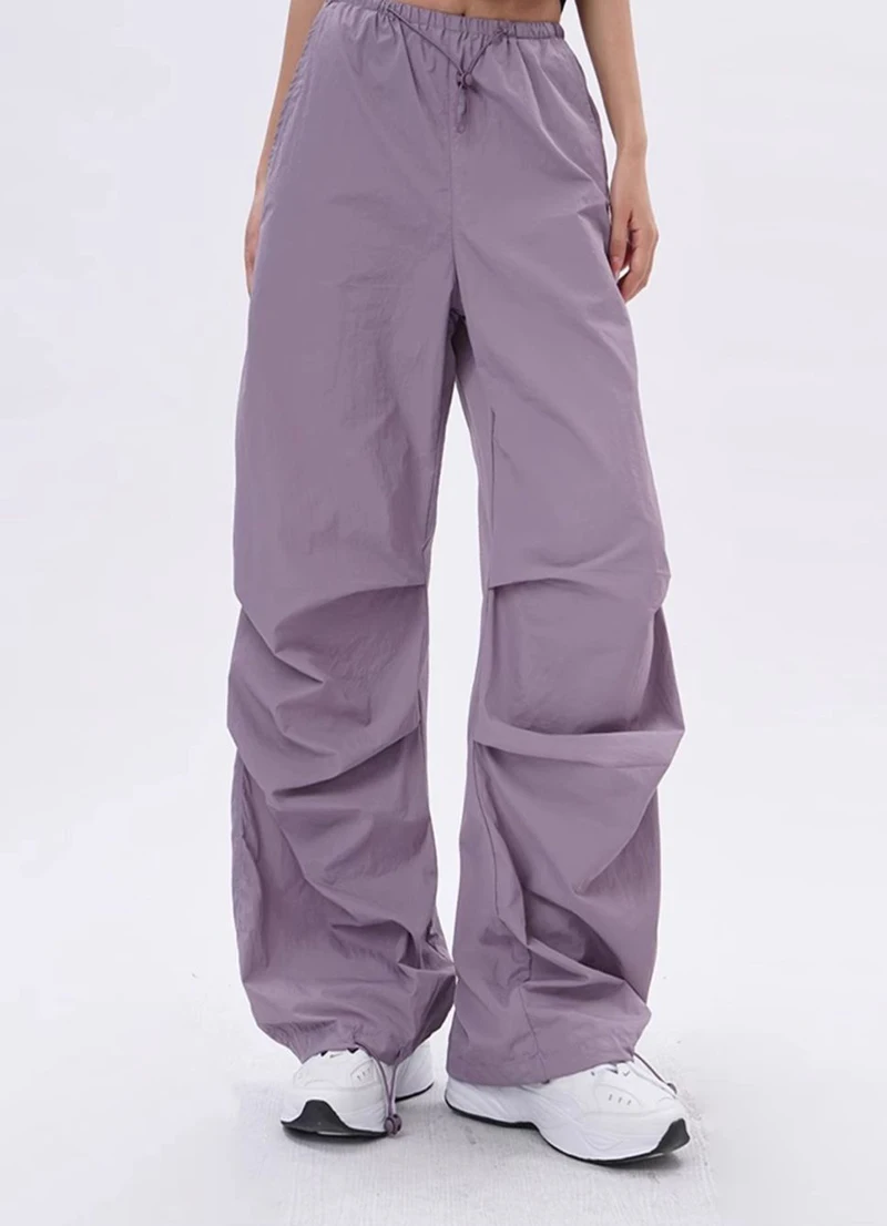 Cargo Pants Women Purplu Pleated Loose High Waist Hip-Hop Street Trousers Fashion Harajuku Y2K Solid Drawstring Wide Leg Pants
