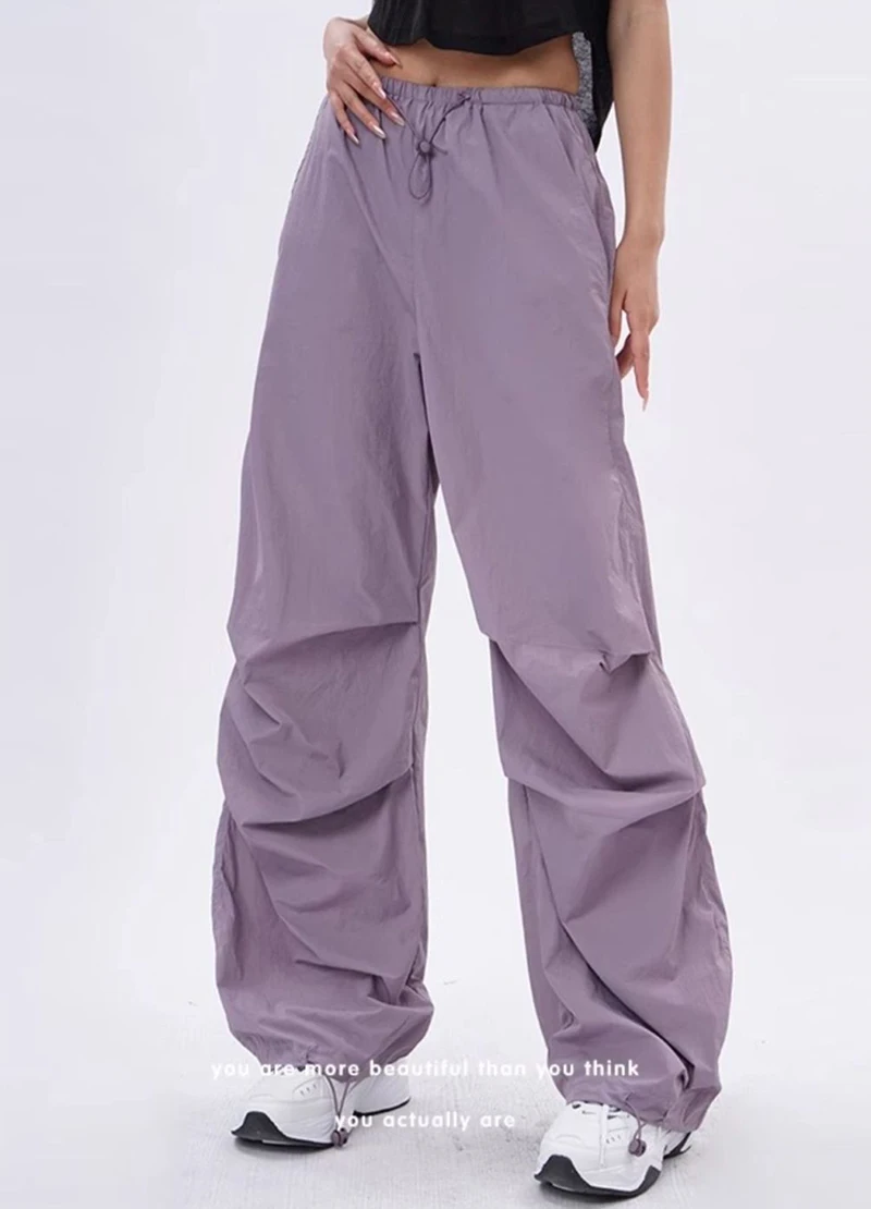Cargo Pants Women Purplu Pleated Loose High Waist Hip-Hop Street Trousers Fashion Harajuku Y2K Solid Drawstring Wide Leg Pants
