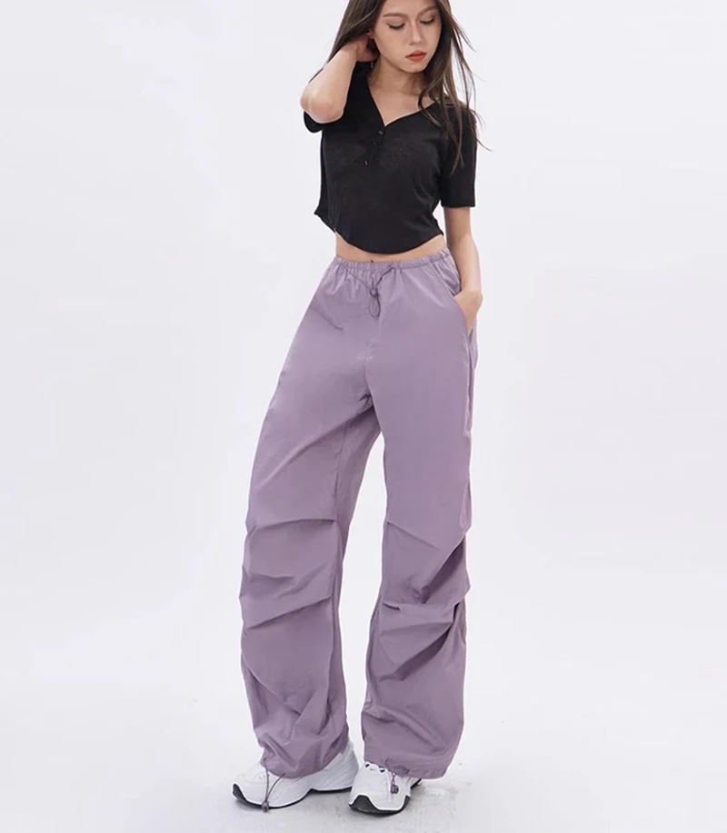 Cargo Pants Women Purplu Pleated Loose High Waist Hip-Hop Street Trousers Fashion Harajuku Y2K Solid Drawstring Wide Leg Pants