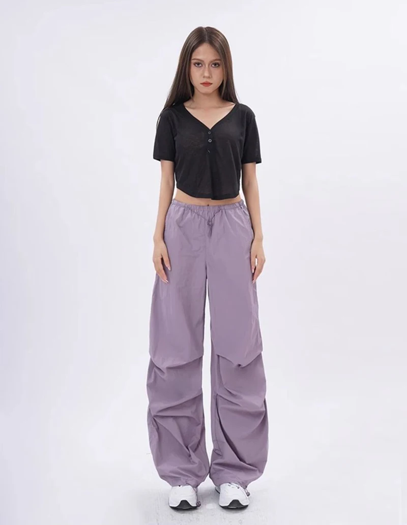 Cargo Pants Women Purplu Pleated Loose High Waist Hip-Hop Street Trousers Fashion Harajuku Y2K Solid Drawstring Wide Leg Pants