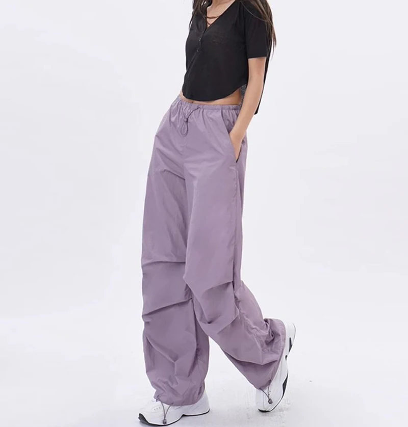 Cargo Pants Women Purplu Pleated Loose High Waist Hip-Hop Street Trousers Fashion Harajuku Y2K Solid Drawstring Wide Leg Pants