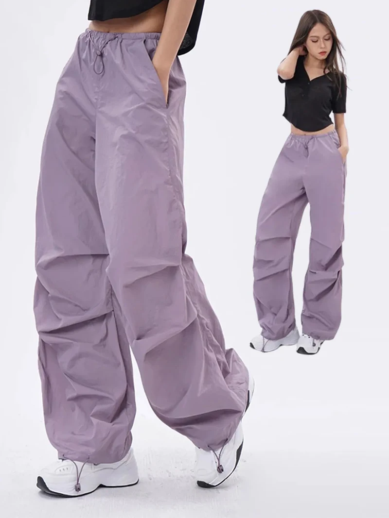 Cargo Pants Women Purplu Pleated Loose High Waist Hip-Hop Street Trousers Fashion Harajuku Y2K Solid Drawstring Wide Leg Pants