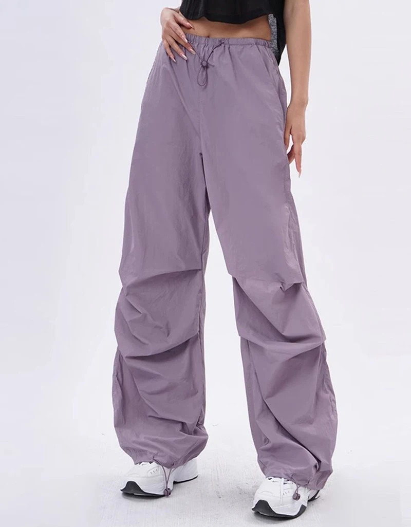 Cargo Pants Women Purplu Pleated Loose High Waist Hip-Hop Street Trousers Fashion Harajuku Y2K Solid Drawstring Wide Leg Pants