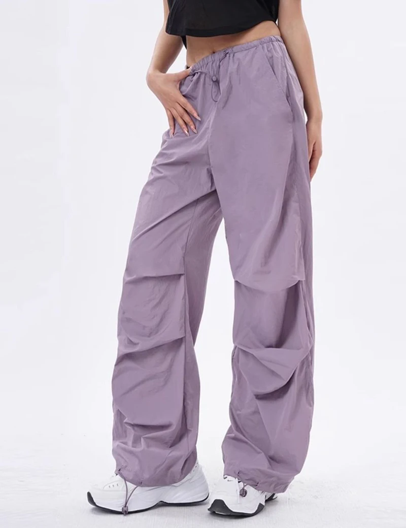 Cargo Pants Women Purplu Pleated Loose High Waist Hip-Hop Street Trousers Fashion Harajuku Y2K Solid Drawstring Wide Leg Pants