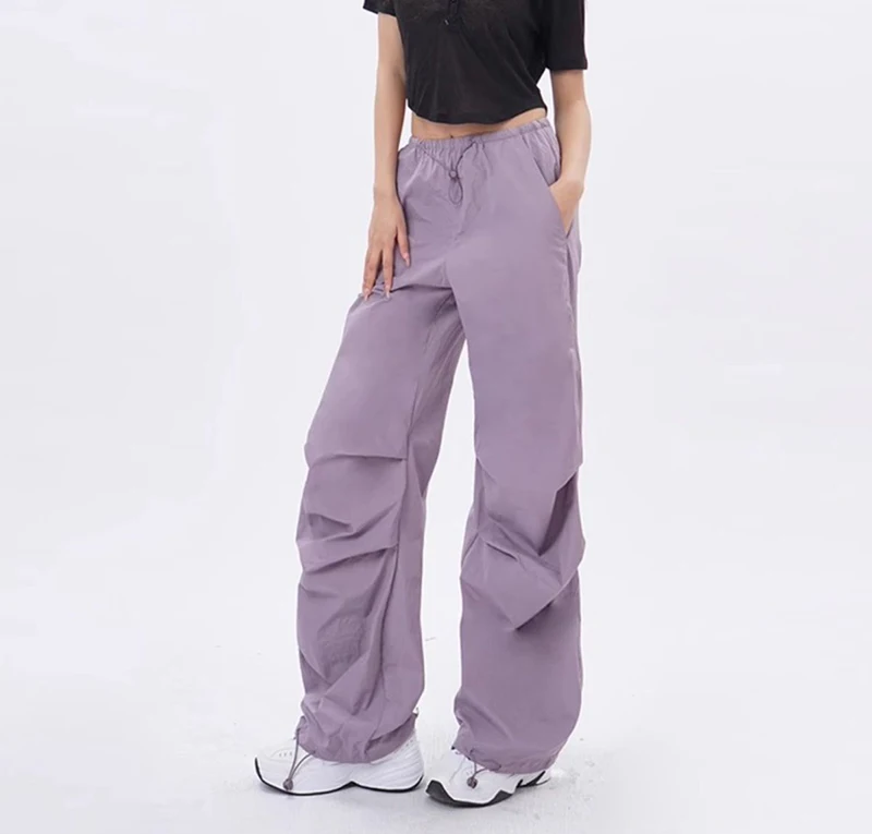 Cargo Pants Women Purplu Pleated Loose High Waist Hip-Hop Street Trousers Fashion Harajuku Y2K Solid Drawstring Wide Leg Pants