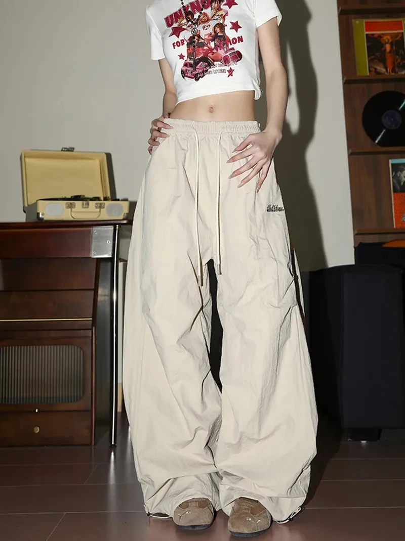 Y2K Streetwear Wide Leg Cargo Pants Women High Waist Drawstring Loose Punk Trousers American Fashion Hip Hop Parachute Pants New