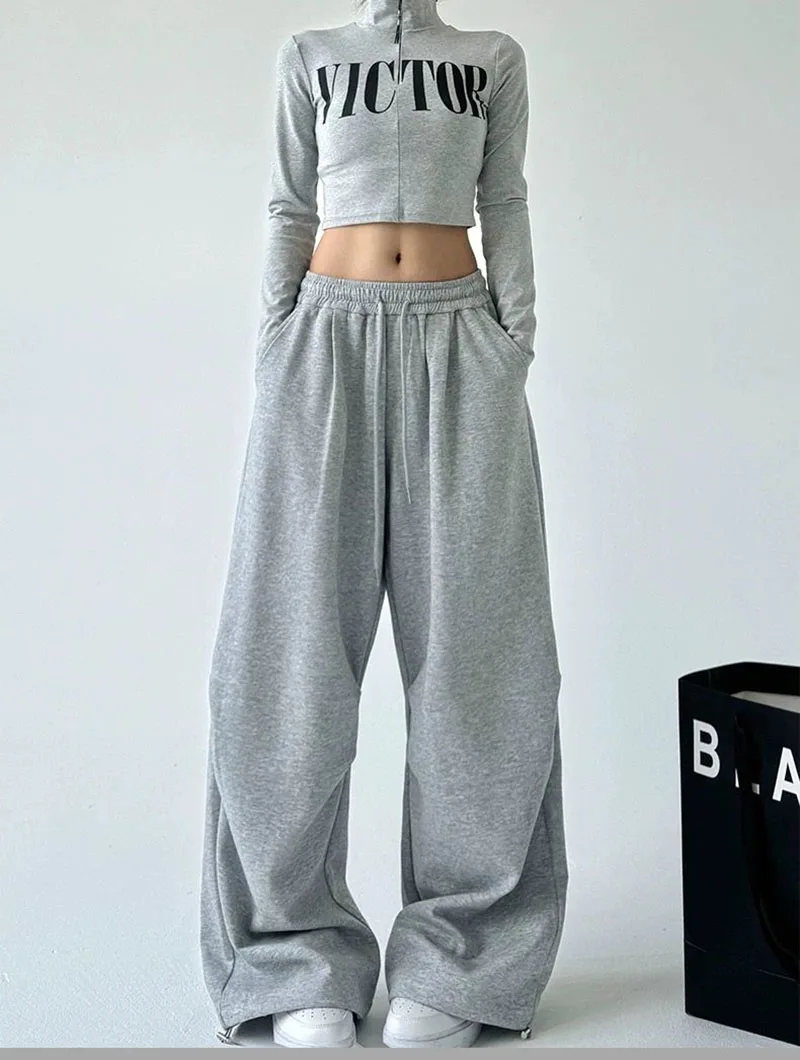 2025 New Harajuku Wide Leg Sweatpants Women Streetwear Baggy Oversize Gray Sports Pants Woman Drawstring Casual Joggers Trousers