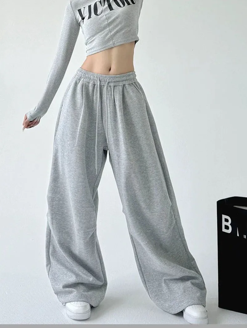 2025 New Harajuku Wide Leg Sweatpants Women Streetwear Baggy Oversize Gray Sports Pants Woman Drawstring Casual Joggers Trousers