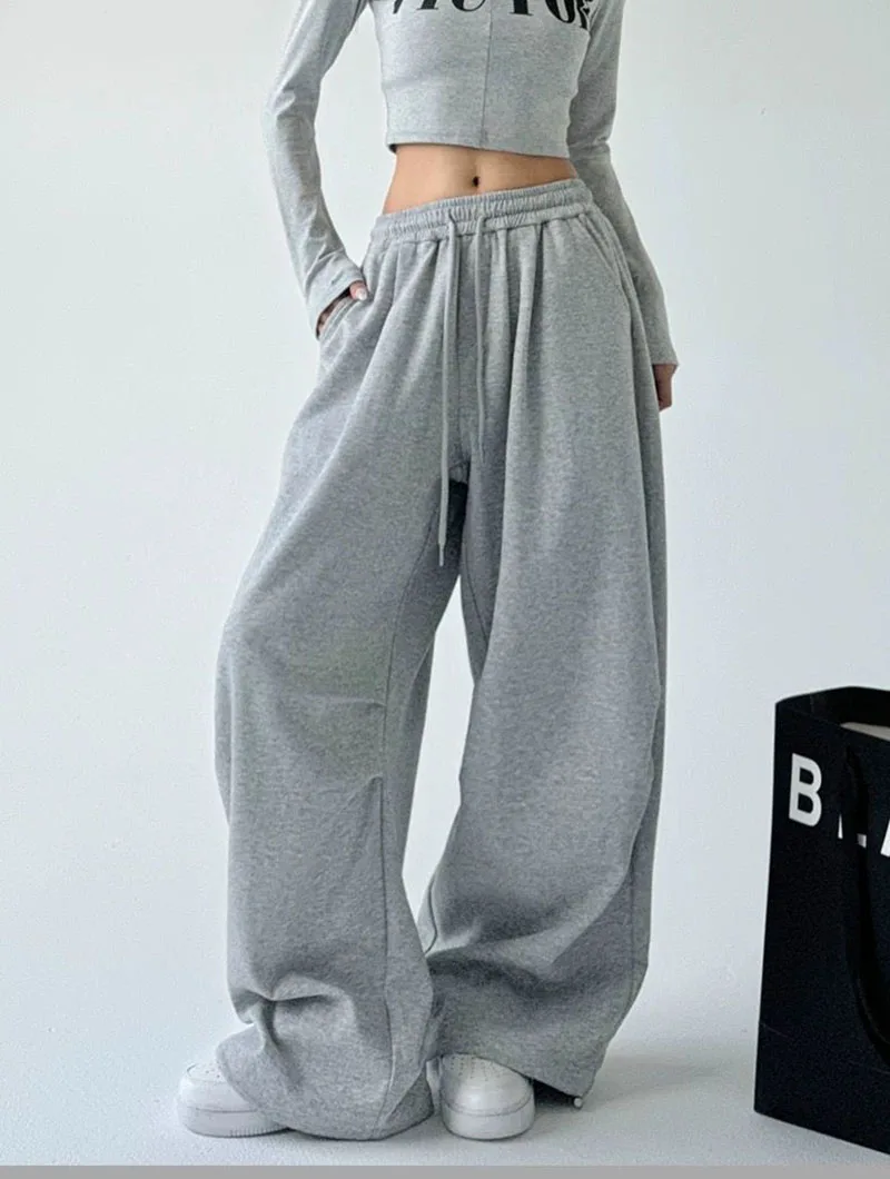 2025 New Harajuku Wide Leg Sweatpants Women Streetwear Baggy Oversize Gray Sports Pants Woman Drawstring Casual Joggers Trousers