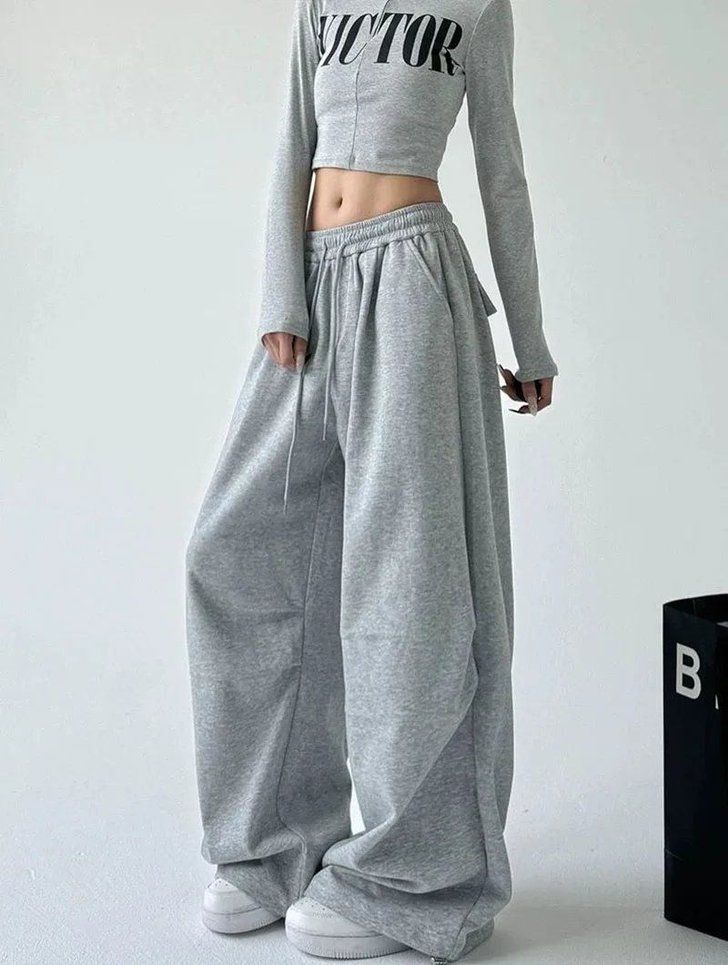 2025 New Harajuku Wide Leg Sweatpants Women Streetwear Baggy Oversize Gray Sports Pants Woman Drawstring Casual Joggers Trousers