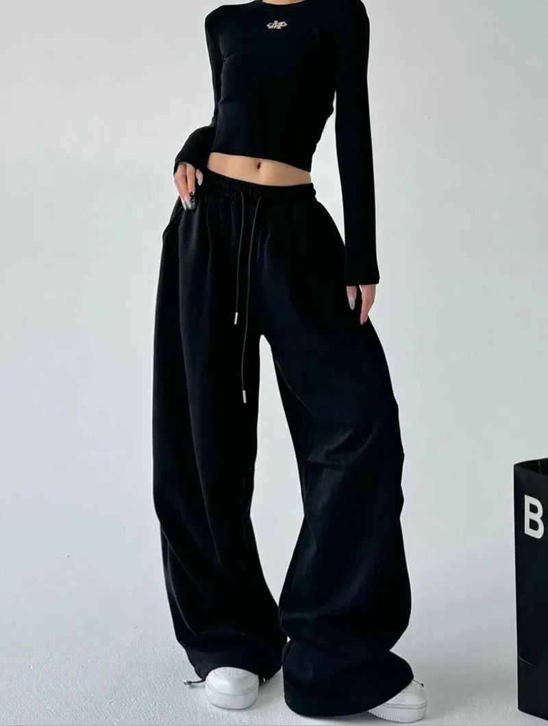 2025 New Harajuku Wide Leg Sweatpants Women Streetwear Baggy Oversize Gray Sports Pants Woman Drawstring Casual Joggers Trousers