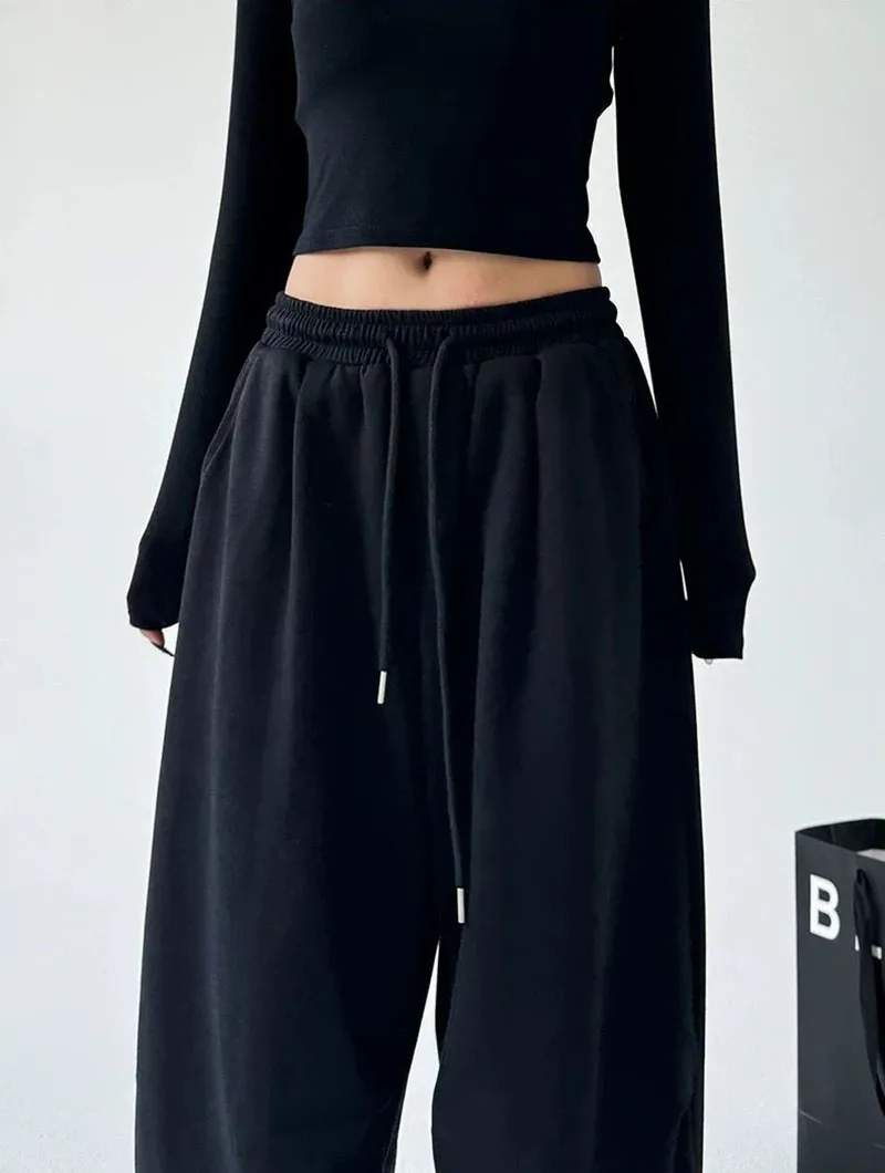 2025 New Harajuku Wide Leg Sweatpants Women Streetwear Baggy Oversize Gray Sports Pants Woman Drawstring Casual Joggers Trousers