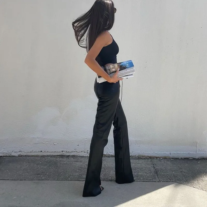 2026 Sexy Low Waist PU Leather Straight Pants Women Slim Lace Up Pants Hem Split Ladies Party Floor-length Trousers Clubwear Str