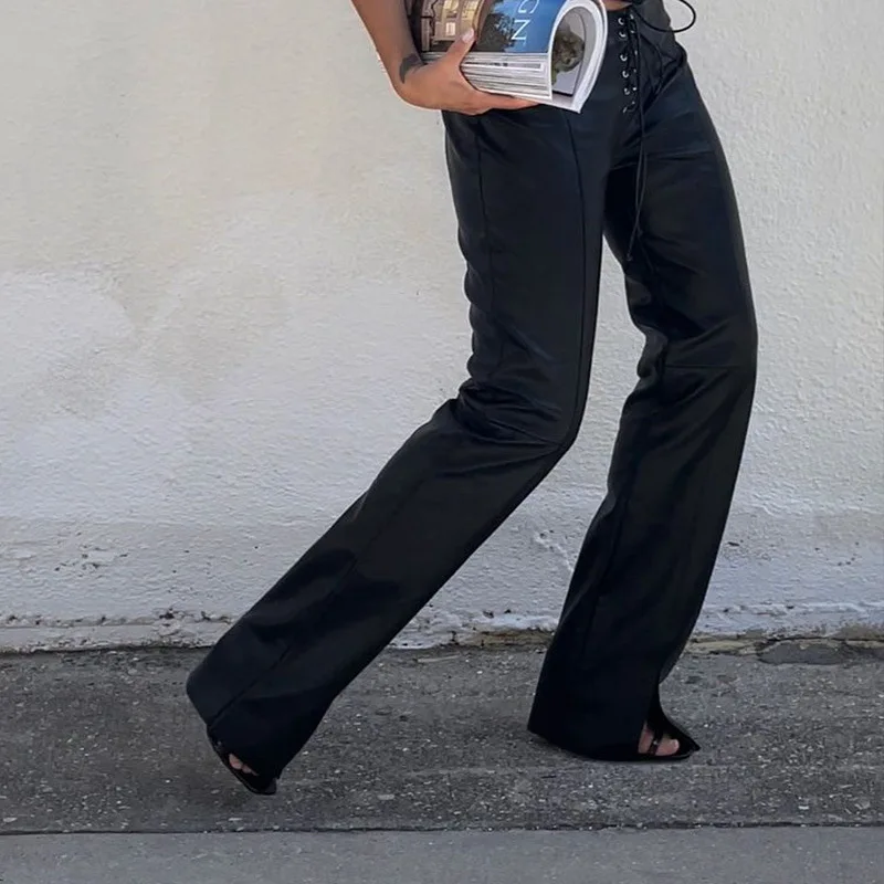 2026 Sexy Low Waist PU Leather Straight Pants Women Slim Lace Up Pants Hem Split Ladies Party Floor-length Trousers Clubwear Str