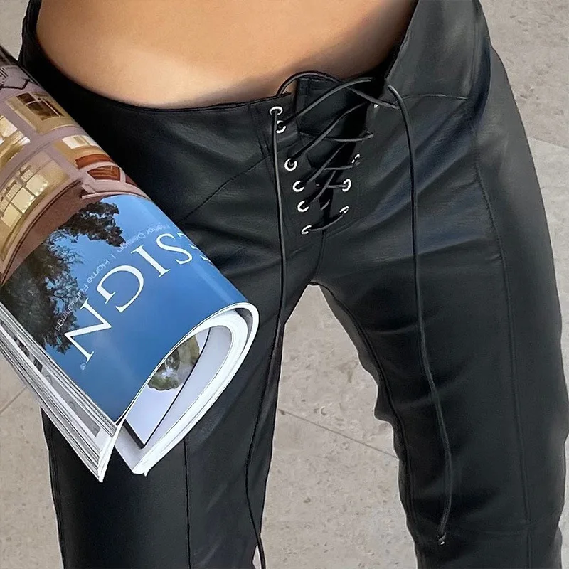 2026 Sexy Low Waist PU Leather Straight Pants Women Slim Lace Up Pants Hem Split Ladies Party Floor-length Trousers Clubwear Str