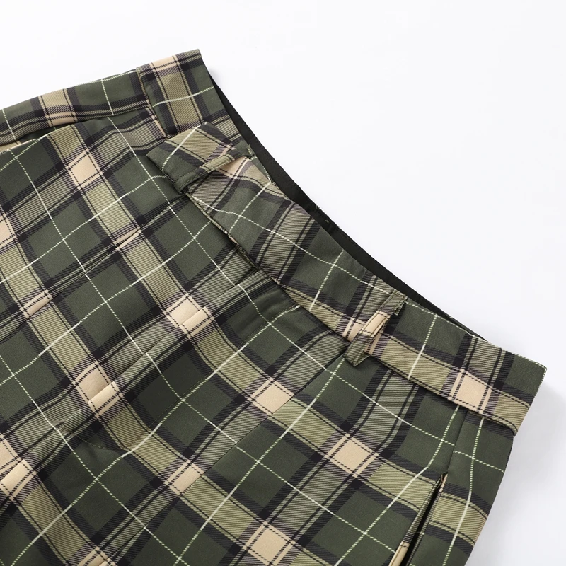 Fashion Women's Green Plaid Pant Loose Pleated High Waist Pockets Wide Leg Pants 2026 Autumn Lady Casual All-match Trousers New