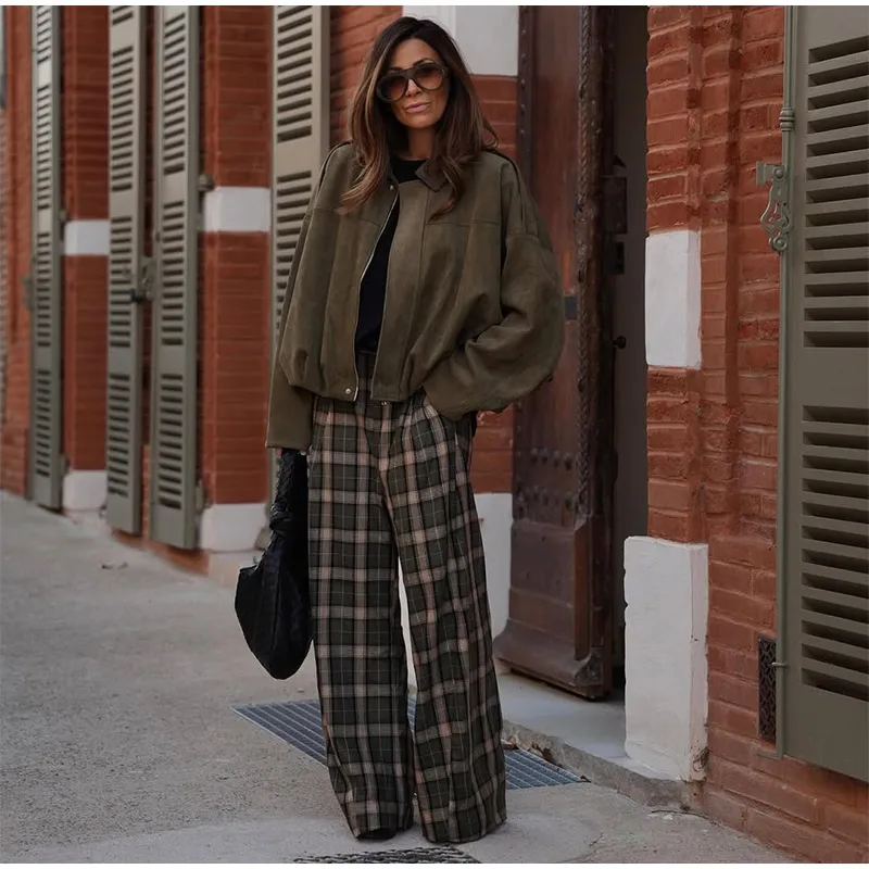 Fashion Women's Green Plaid Pant Loose Pleated High Waist Pockets Wide Leg Pants 2026 Autumn Lady Casual All-match Trousers New