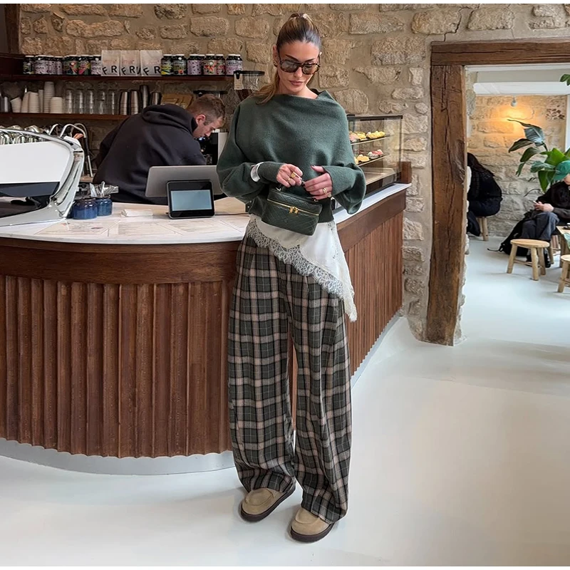 Fashion Women's Green Plaid Pant Loose Pleated High Waist Pockets Wide Leg Pants 2026 Autumn Lady Casual All-match Trousers New