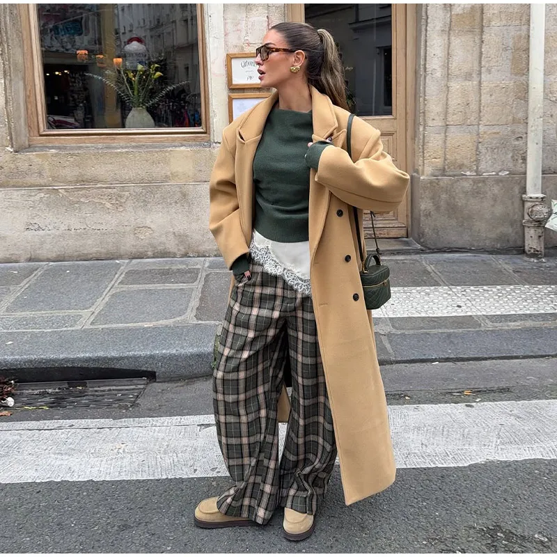 Fashion Women's Green Plaid Pant Loose Pleated High Waist Pockets Wide Leg Pants 2026 Autumn Lady Casual All-match Trousers New