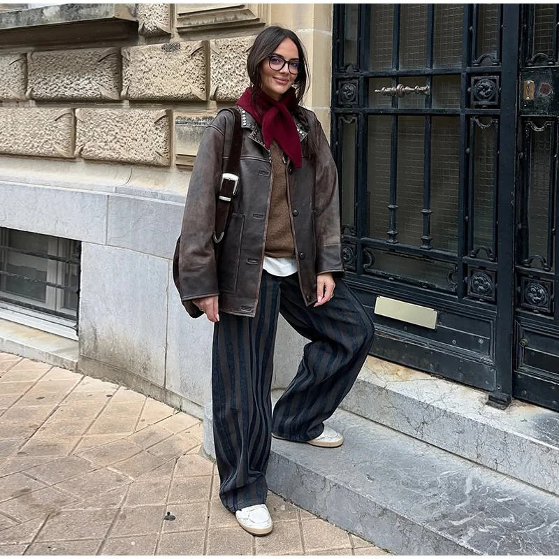 Fashion Women's Green Plaid Pant Loose Pleated High Waist Pockets Wide Leg Pants 2026 Autumn Lady Casual All-match Trousers New