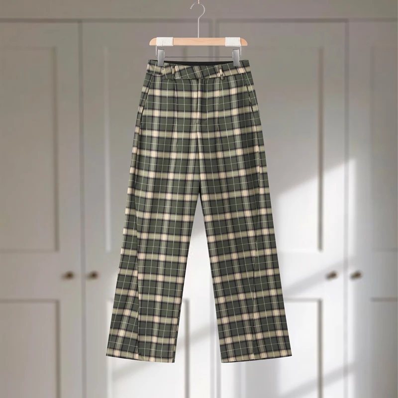Fashion Women's Green Plaid Pant Loose Pleated High Waist Pockets Wide Leg Pants 2026 Autumn Lady Casual All-match Trousers New