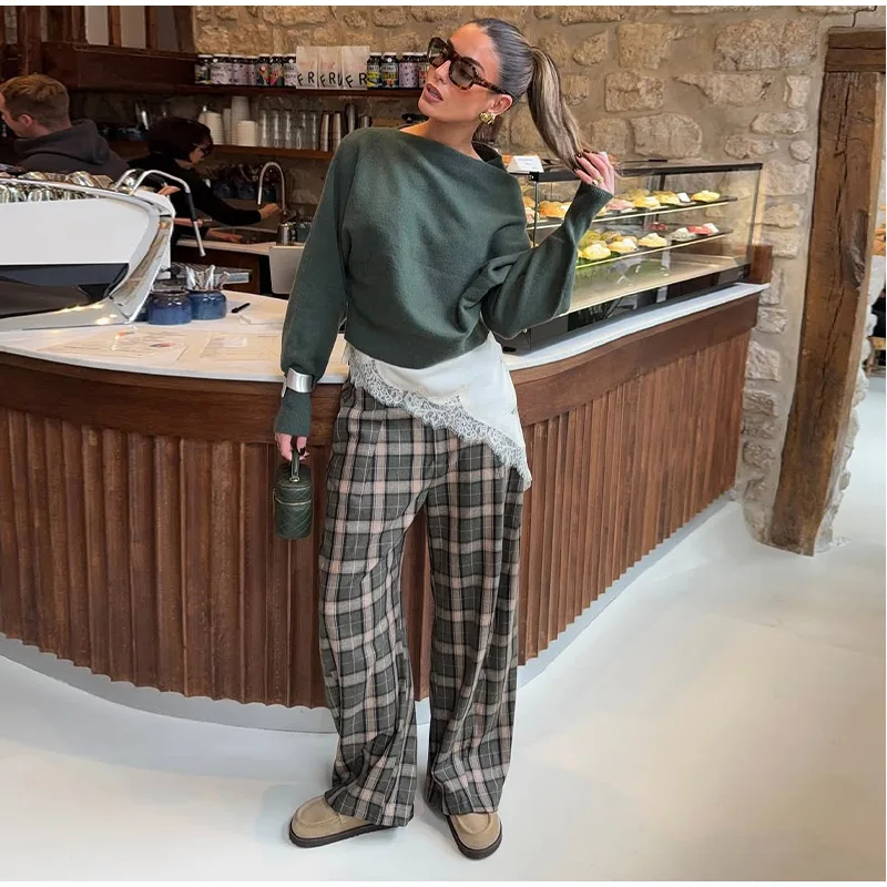 Fashion Women's Green Plaid Pant Loose Pleated High Waist Pockets Wide Leg Pants 2026 Autumn Lady Casual All-match Trousers New