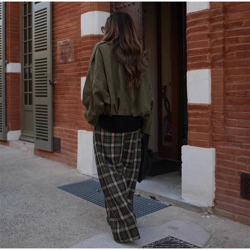 Fashion Women's Green Plaid Pant Loose Pleated High Waist Pockets Wide Leg Pants 2026 Autumn Lady Casual All-match Trousers New