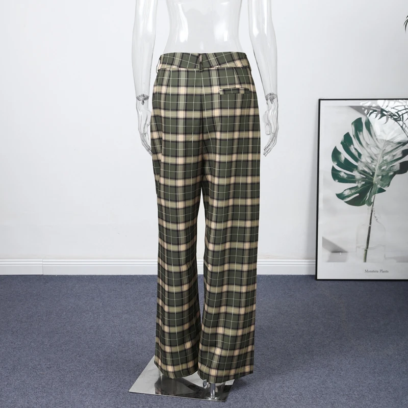 Fashion Women's Green Plaid Pant Loose Pleated High Waist Pockets Wide Leg Pants 2026 Autumn Lady Casual All-match Trousers New