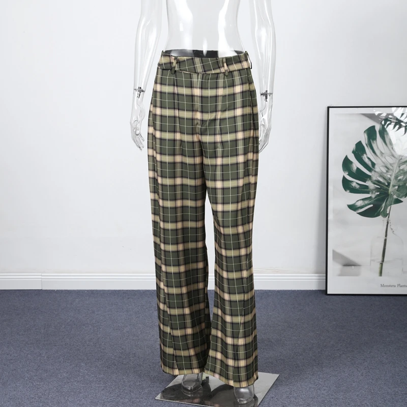 Fashion Women's Green Plaid Pant Loose Pleated High Waist Pockets Wide Leg Pants 2026 Autumn Lady Casual All-match Trousers New