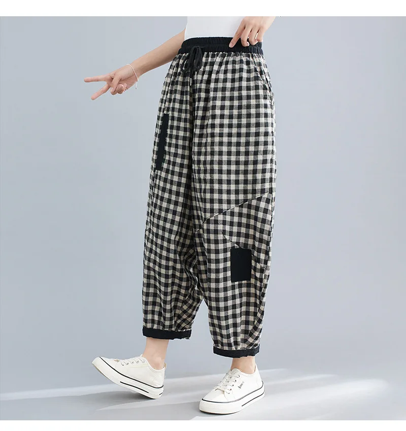 2026 Spring Korean Style Bloomers Women's Vintage Plaid Loose Ankle-length Pants Fashion Cotton Linen Casual Trousers for Women