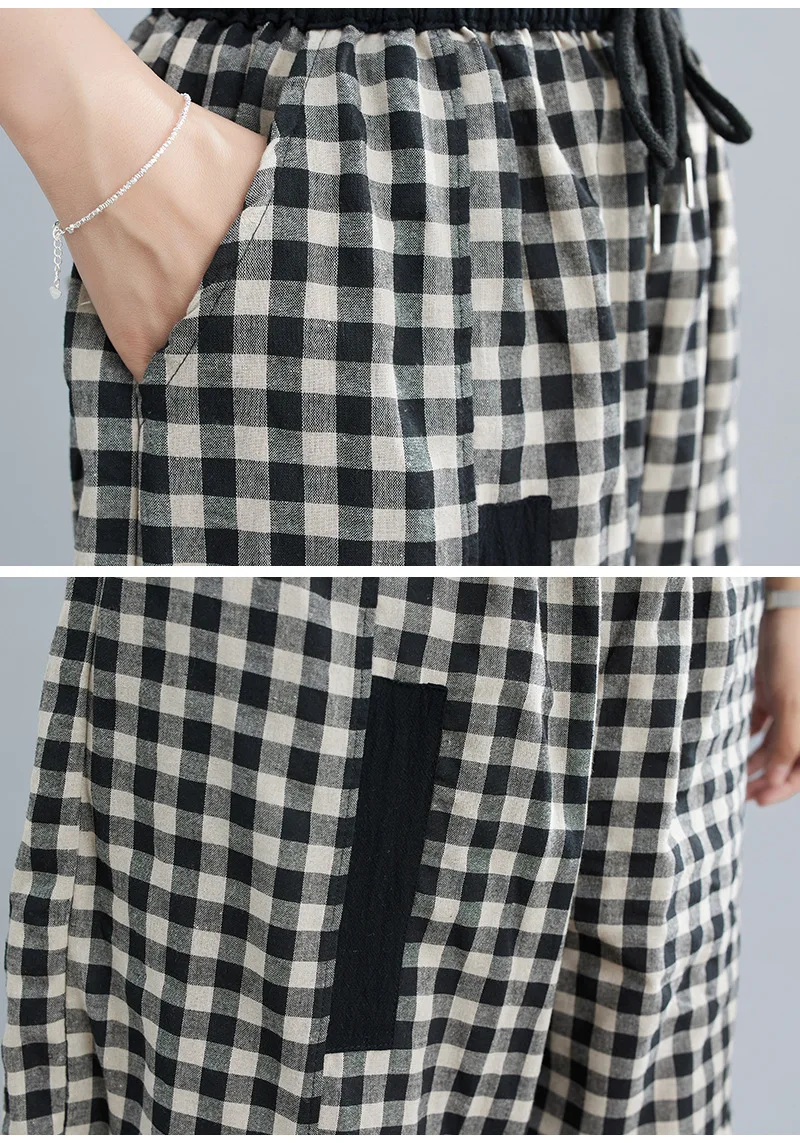 2026 Spring Korean Style Bloomers Women's Vintage Plaid Loose Ankle-length Pants Fashion Cotton Linen Casual Trousers for Women