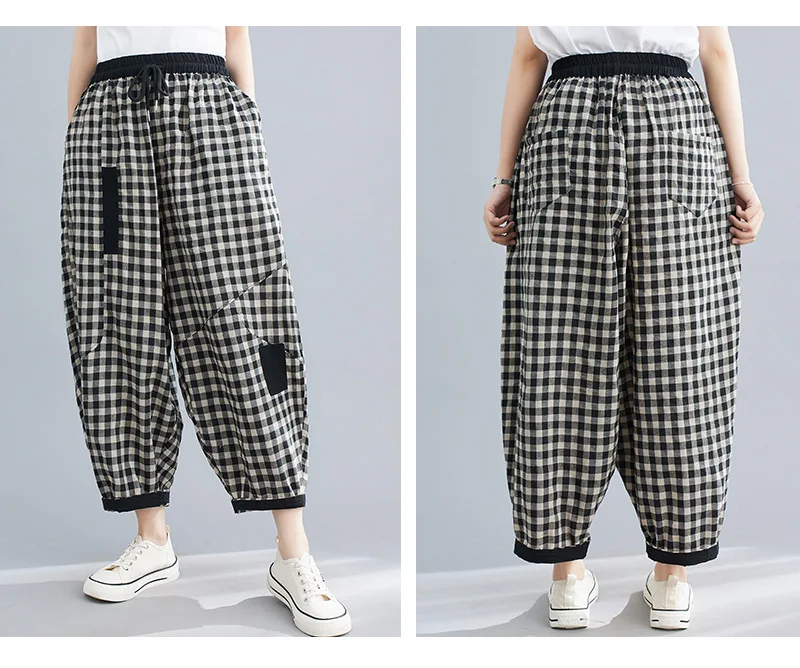 2026 Spring Korean Style Bloomers Women's Vintage Plaid Loose Ankle-length Pants Fashion Cotton Linen Casual Trousers for Women