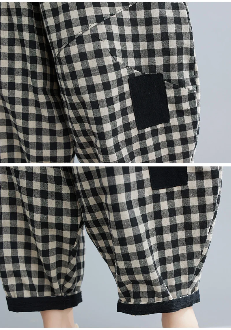 2026 Spring Korean Style Bloomers Women's Vintage Plaid Loose Ankle-length Pants Fashion Cotton Linen Casual Trousers for Women