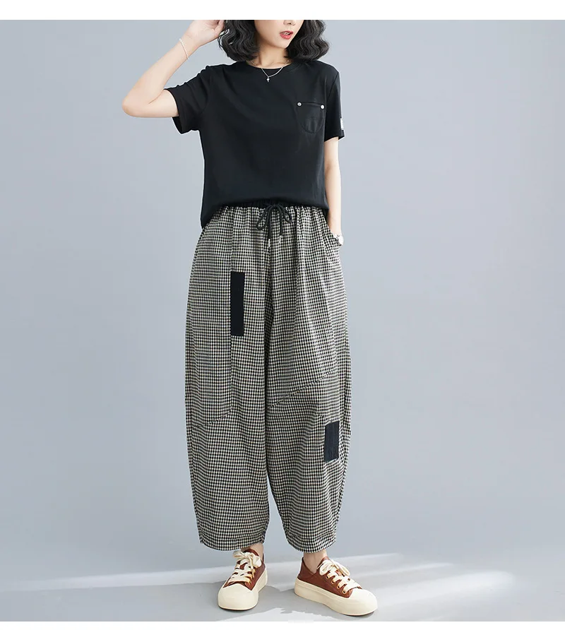 2026 Spring Korean Style Bloomers Women's Vintage Plaid Loose Ankle-length Pants Fashion Cotton Linen Casual Trousers for Women