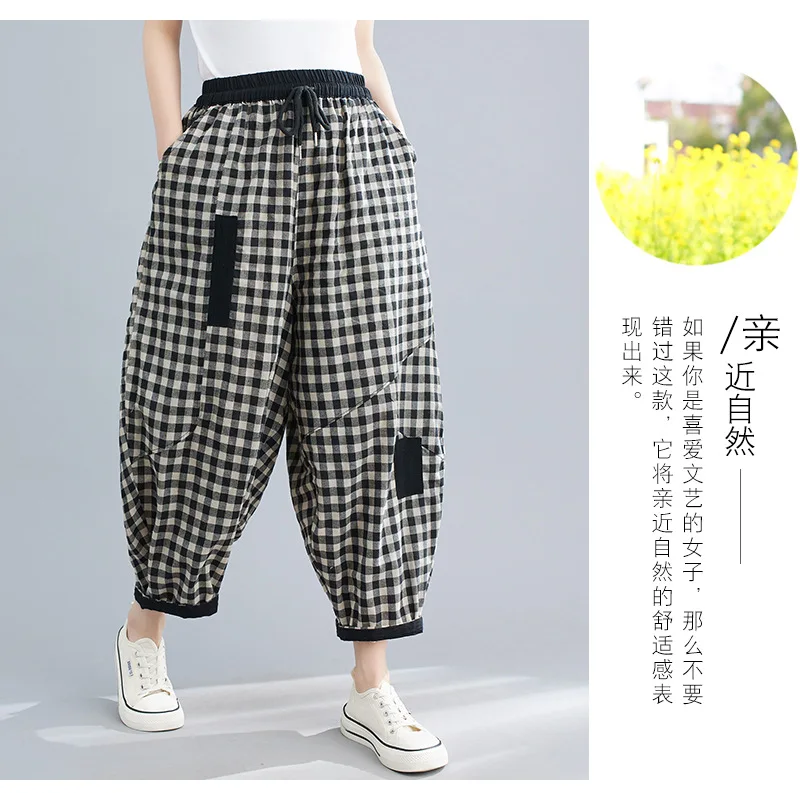 2026 Spring Korean Style Bloomers Women's Vintage Plaid Loose Ankle-length Pants Fashion Cotton Linen Casual Trousers for Women