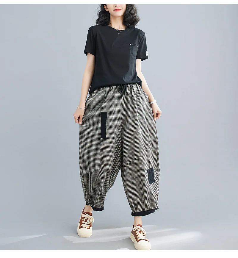 2026 Spring Korean Style Bloomers Women's Vintage Plaid Loose Ankle-length Pants Fashion Cotton Linen Casual Trousers for Women