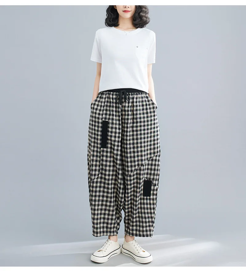 2026 Spring Korean Style Bloomers Women's Vintage Plaid Loose Ankle-length Pants Fashion Cotton Linen Casual Trousers for Women