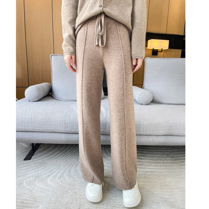 ANGEL 100% Merino Wool Women's Mid Seam Pants Autumn Winter Casual Soft Warm Cashmere Knitted Trousers New Fashion Cosy Pants
