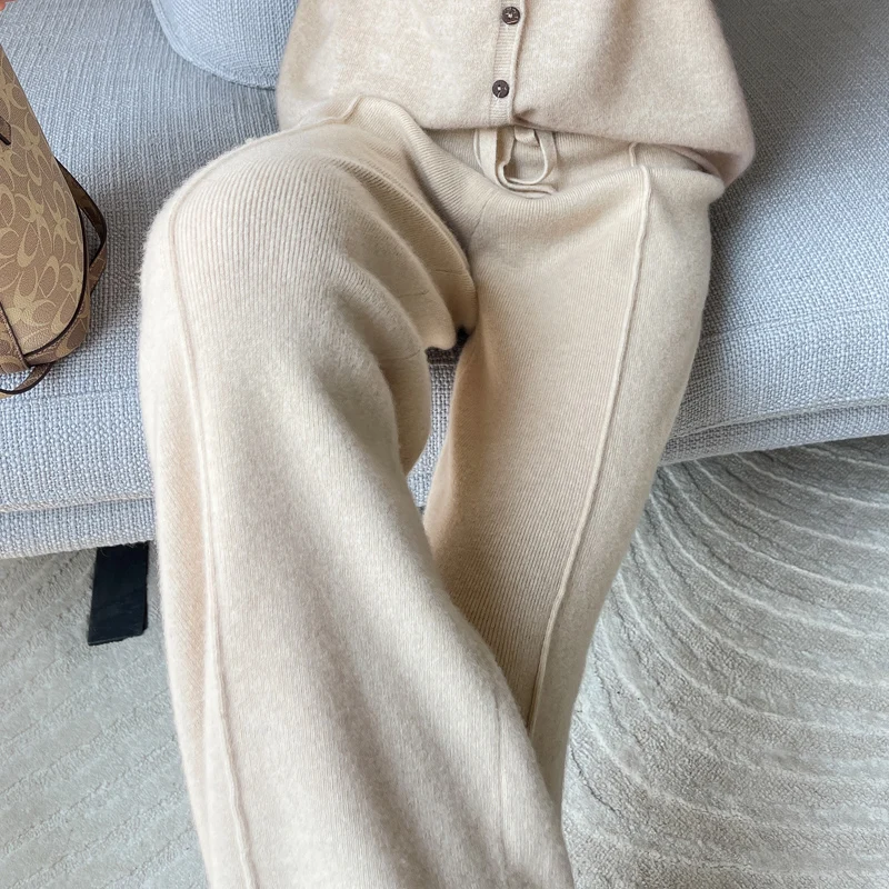 ANGEL 100% Merino Wool Women's Mid Seam Pants Autumn Winter Casual Soft Warm Cashmere Knitted Trousers New Fashion Cosy Pants