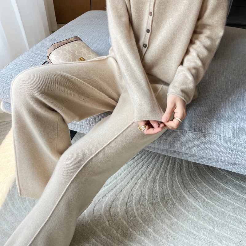 ANGEL 100% Merino Wool Women's Mid Seam Pants Autumn Winter Casual Soft Warm Cashmere Knitted Trousers New Fashion Cosy Pants