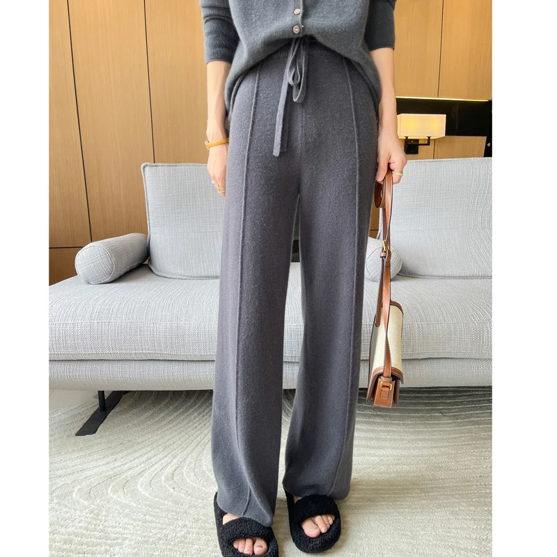 ANGEL 100% Merino Wool Women's Mid Seam Pants Autumn Winter Casual Soft Warm Cashmere Knitted Trousers New Fashion Cosy Pants